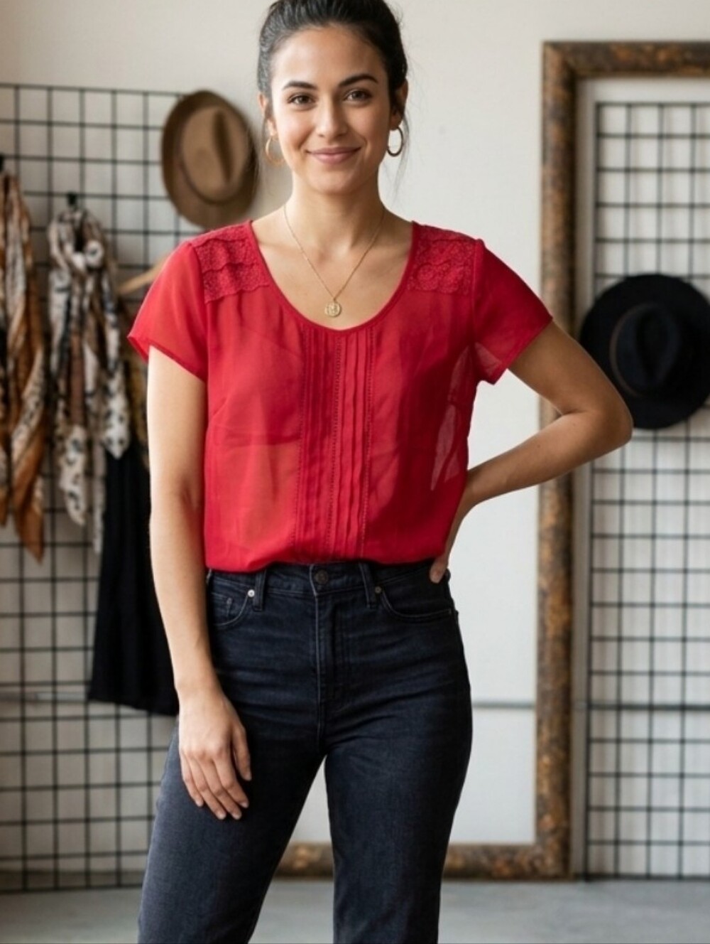 Maurices Red Sheer Lace-Yoke Blouse with Pintuck Front